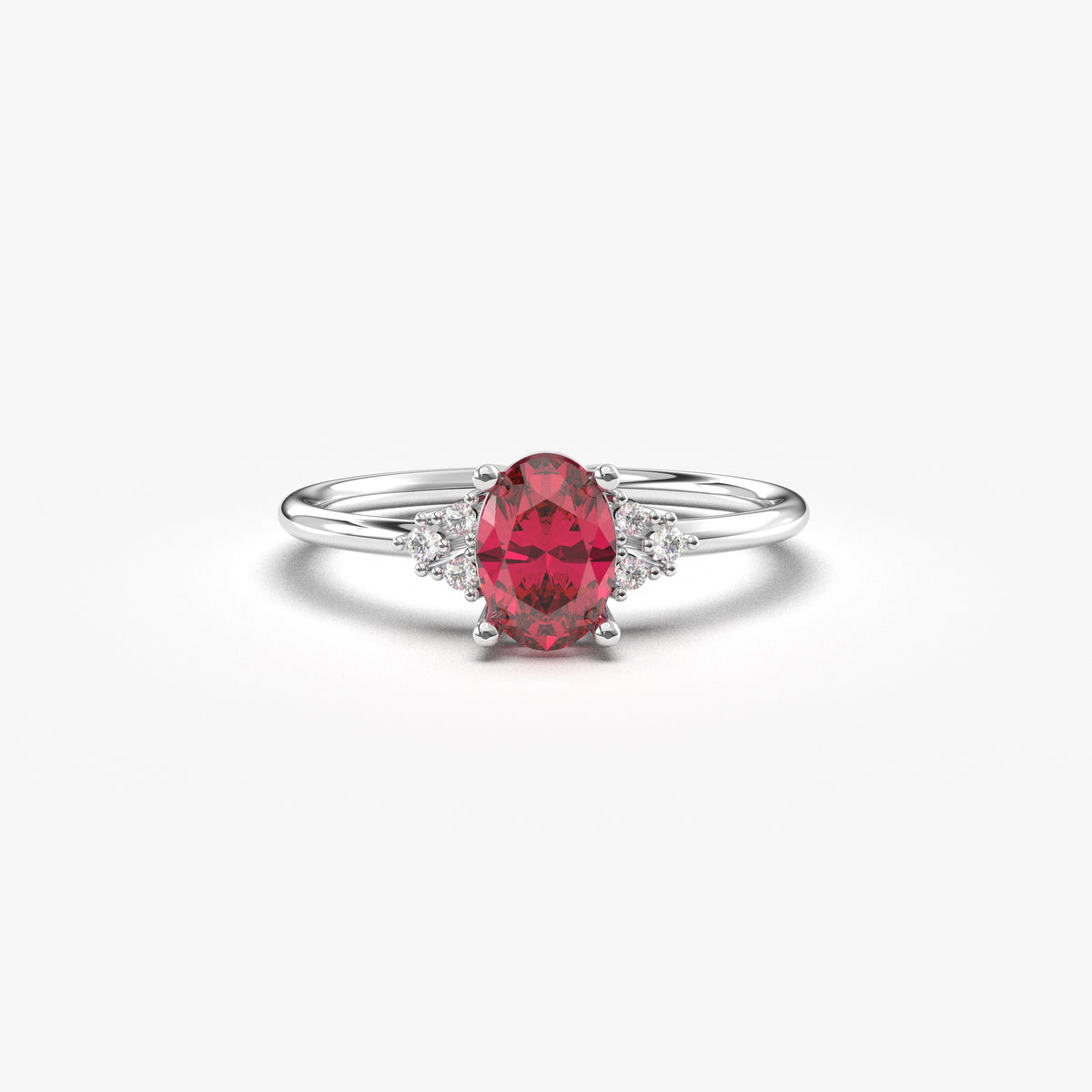 White gold red-stone oval ring, front view