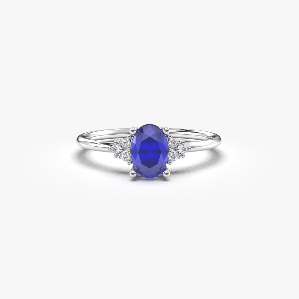 White gold blue-stone oval ring, front view