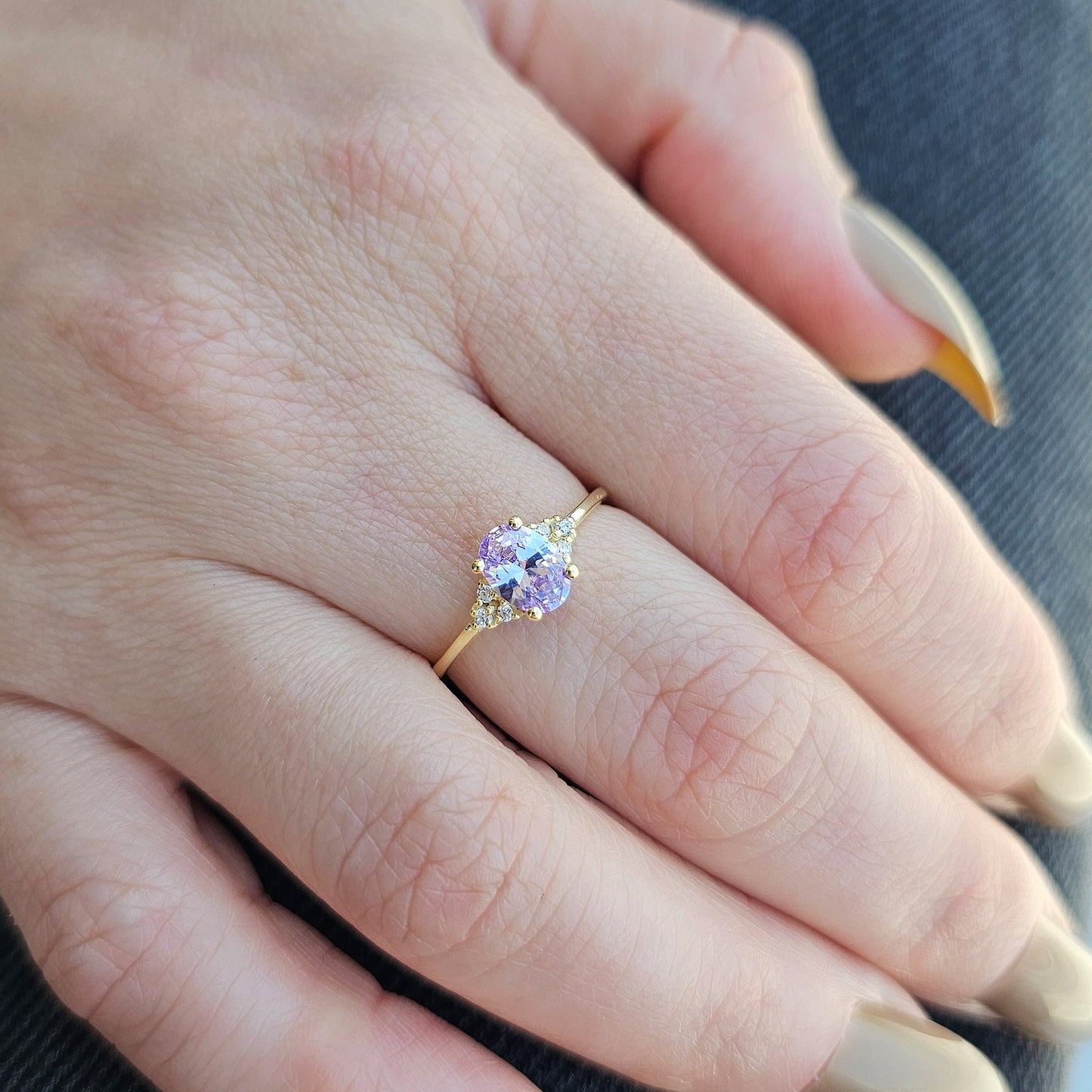 10K Gold Oval Solitaire Lavender and Cz Ring - 8S268LAV