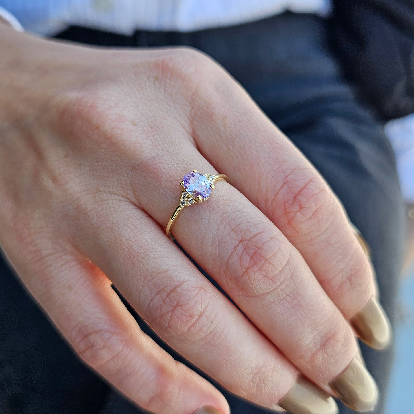 10K Gold Oval Solitaire Lavender and Cz Ring - 8S268LAV