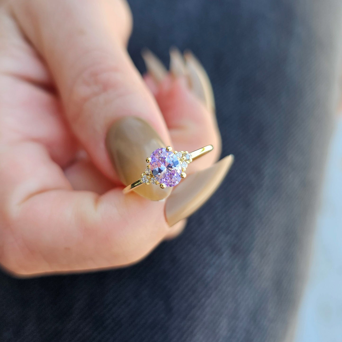 10K Gold Oval Solitaire Lavender and Cz Ring - 8S268LAV
