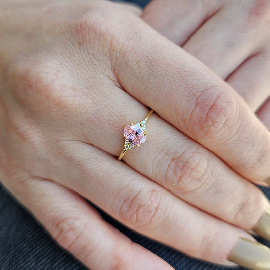 18K Solid Gold Oval Pink Topaz Cz Ring - 8S268PNK