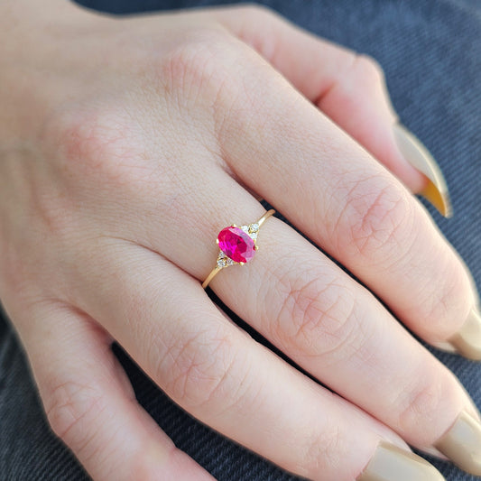18K Gold Dainty Oval Ruby and Diamond Ring - 8S268RBY