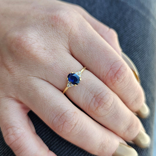 18K Gold Sapphire Oval Solitaire and Cz Ring - 8S268SAP