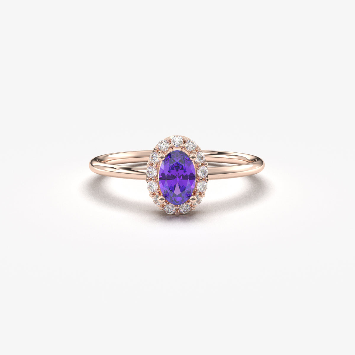 Rose gold purple-stone oval halo ring, front view