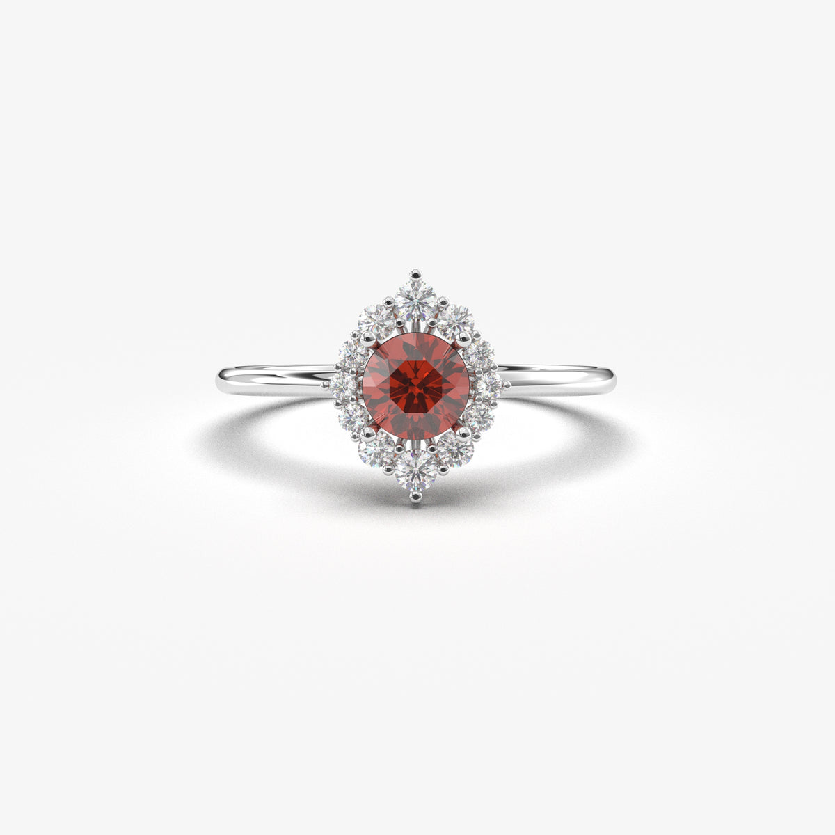White gold dark-red-stone round halo ring, front view
