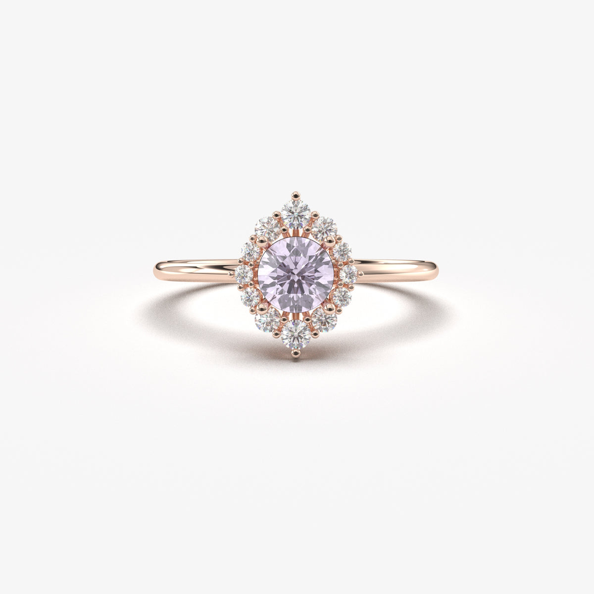 Rose gold lavender-stone round halo ring, front view
