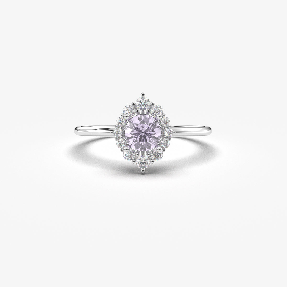 White gold lavender-stone round halo ring, front view