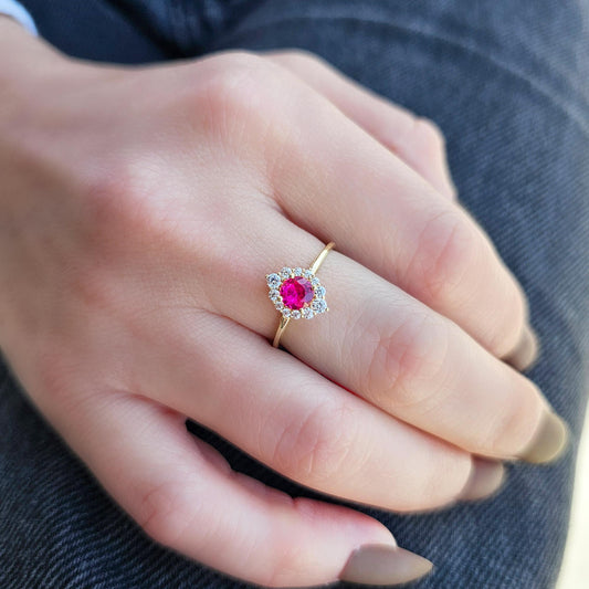 18K Solid Gold Halo Ruby Cz Ring - 8S62RBY