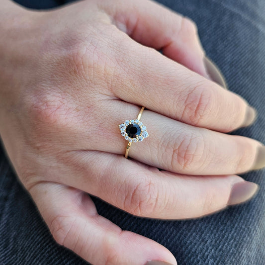 18K Gold Halo Black Onyx Cz Ring - 8S62BLK