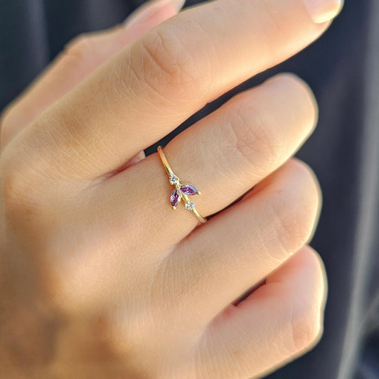 18K Gold Dainty Marquise Amethyst and Diamond Ring - 8S8AME