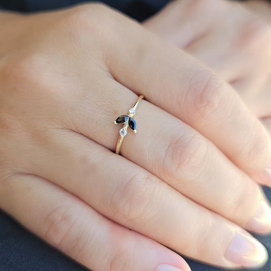 18K Gold Unique Black Onyx Marquise and Cz Ring - 8S8BLK