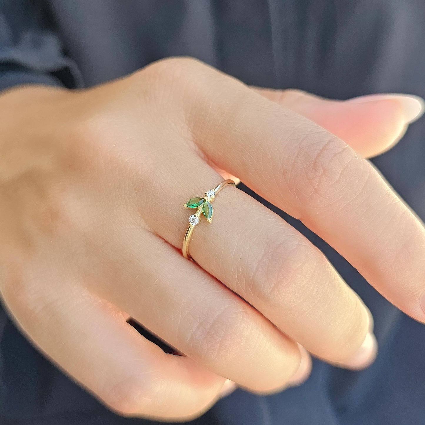 10K Gold Minimalist Marquise Emerald and Cz Ring - 8S8EME