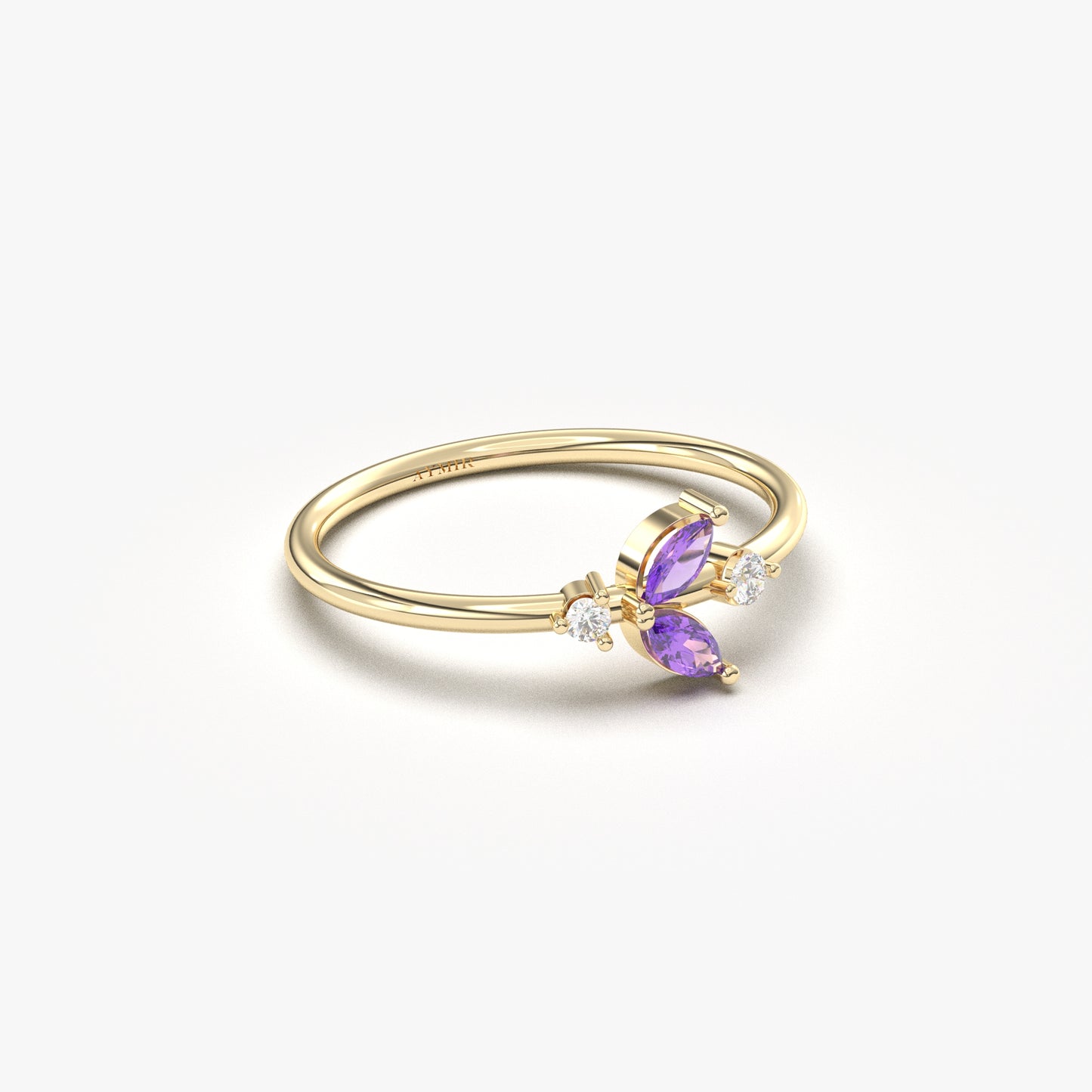 14K Gold Dainty Marquise Amethyst and Diamond Ring - 8S8AME