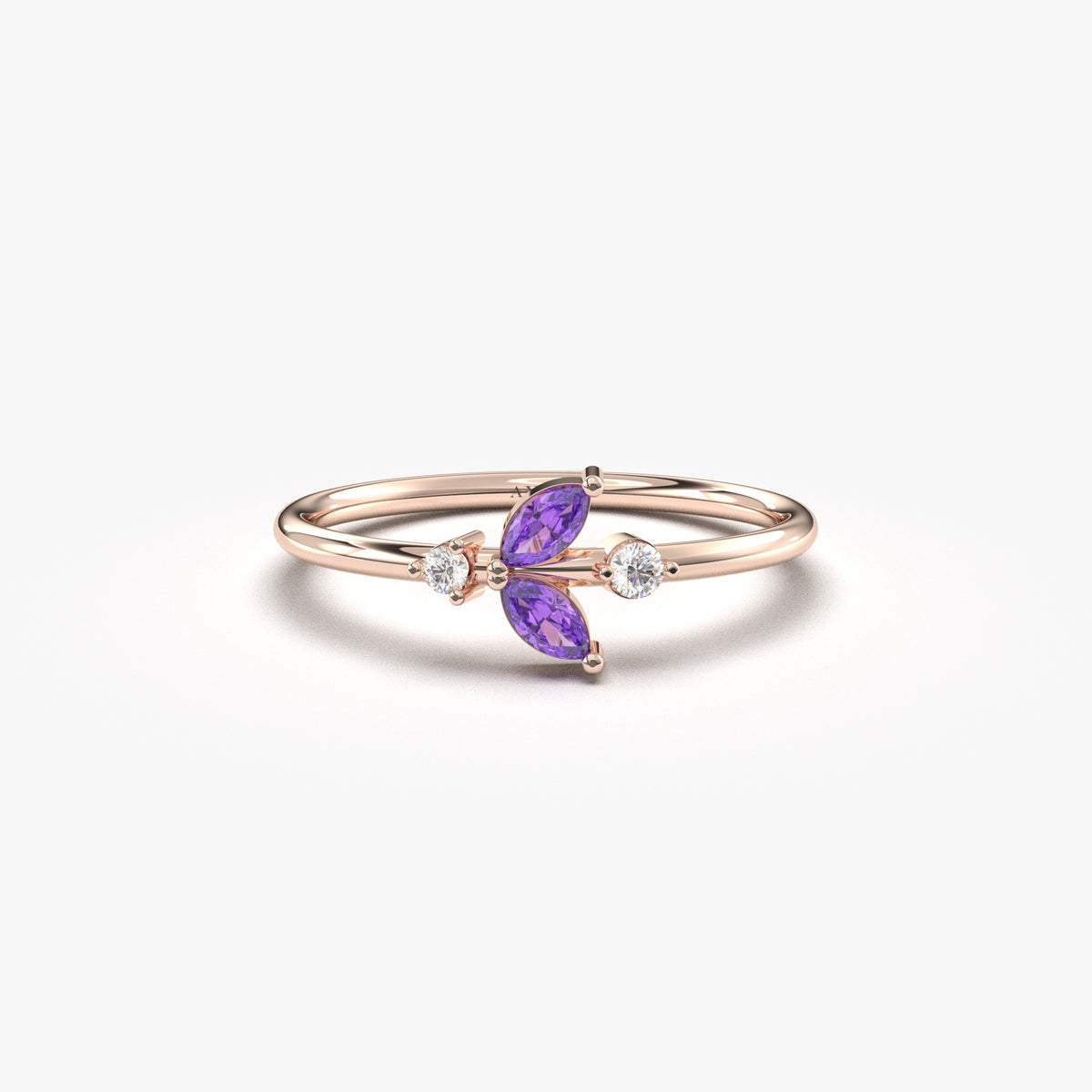 Rose gold purple-stone marquise leaf ring, front view