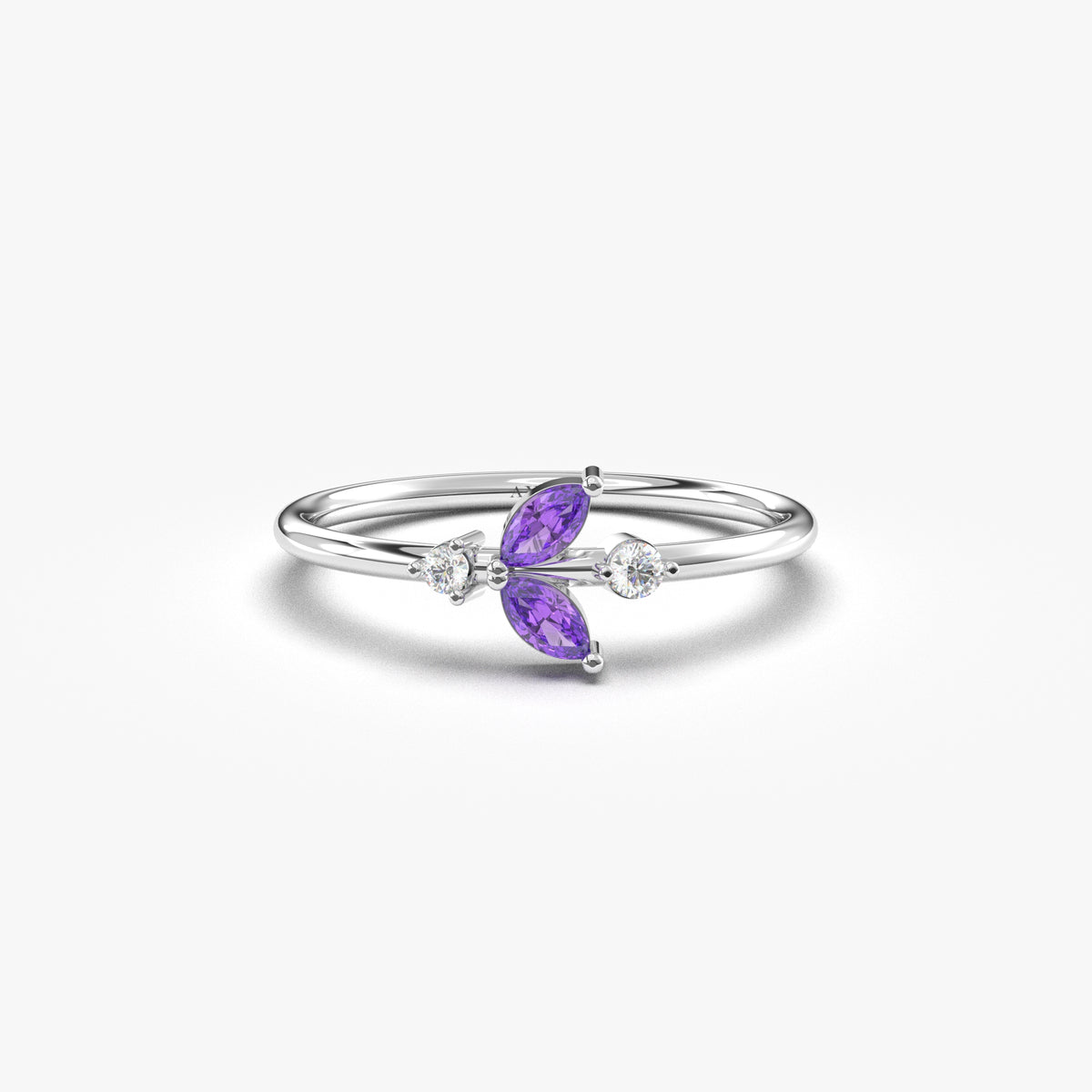White gold purple-stone marquise leaf ring, front view
