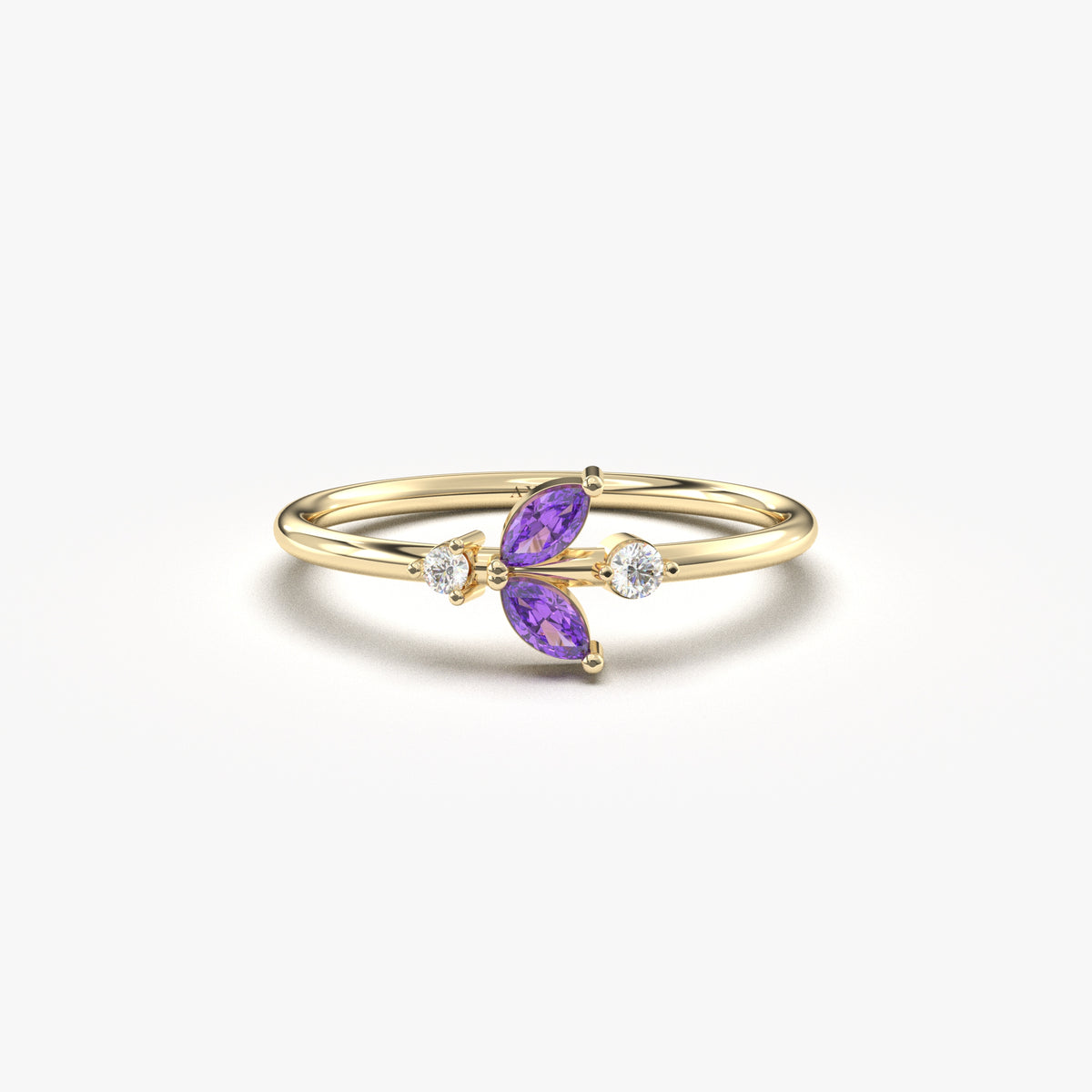 Yellow gold purple-stone marquise leaf ring, front view