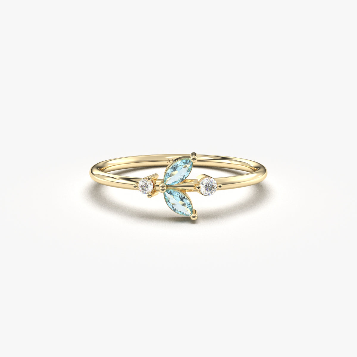 Yellow gold aqua-blue-stone marquise leaf ring, front view