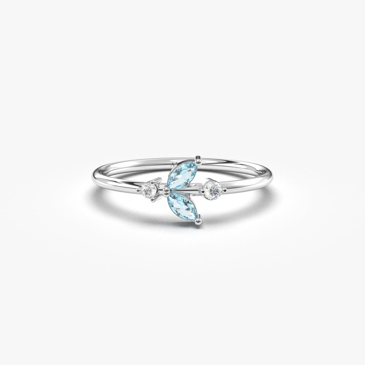 White gold aqua-blue-stone marquise leaf ring, front view
