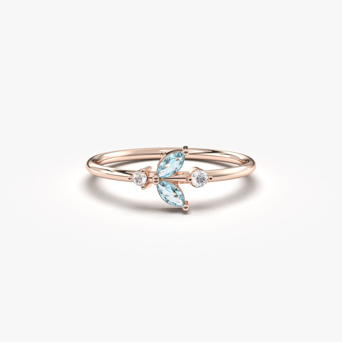 Rose gold aqua-blue-stone marquise leaf ring, front view