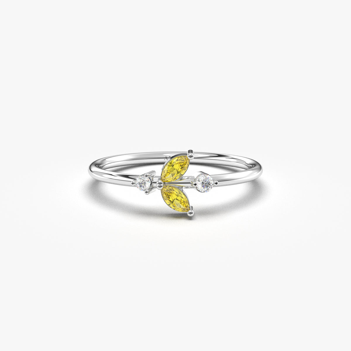 White gold yellow-stone marquise leaf ring, front view