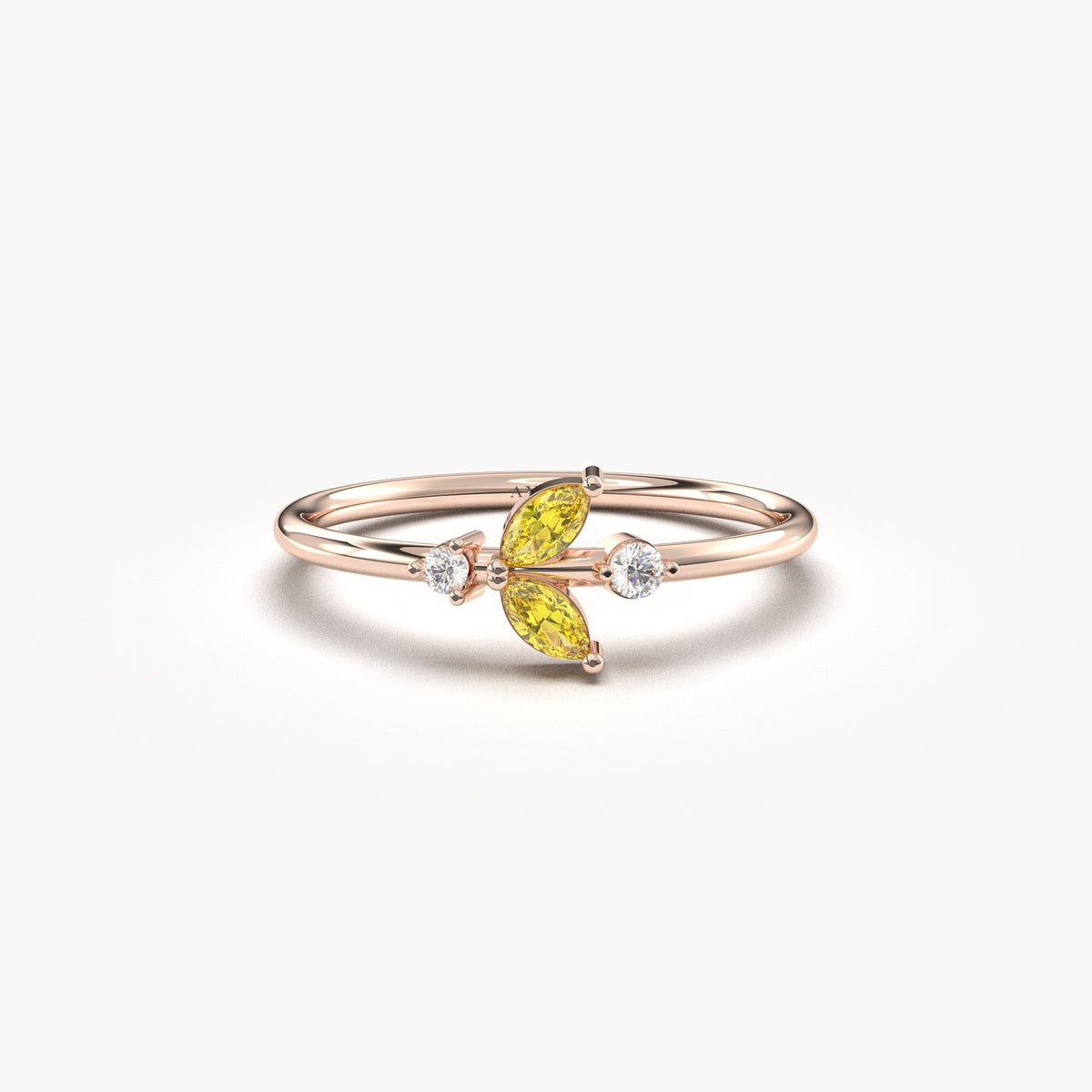 Rose gold yellow-stone marquise leaf ring, front view