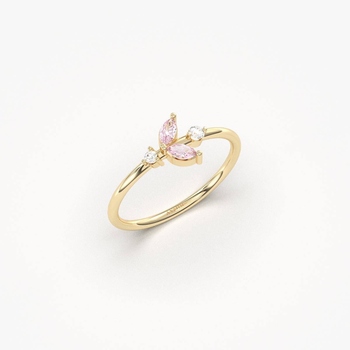 Yellow gold pink-stone marquise leaf ring, angled view