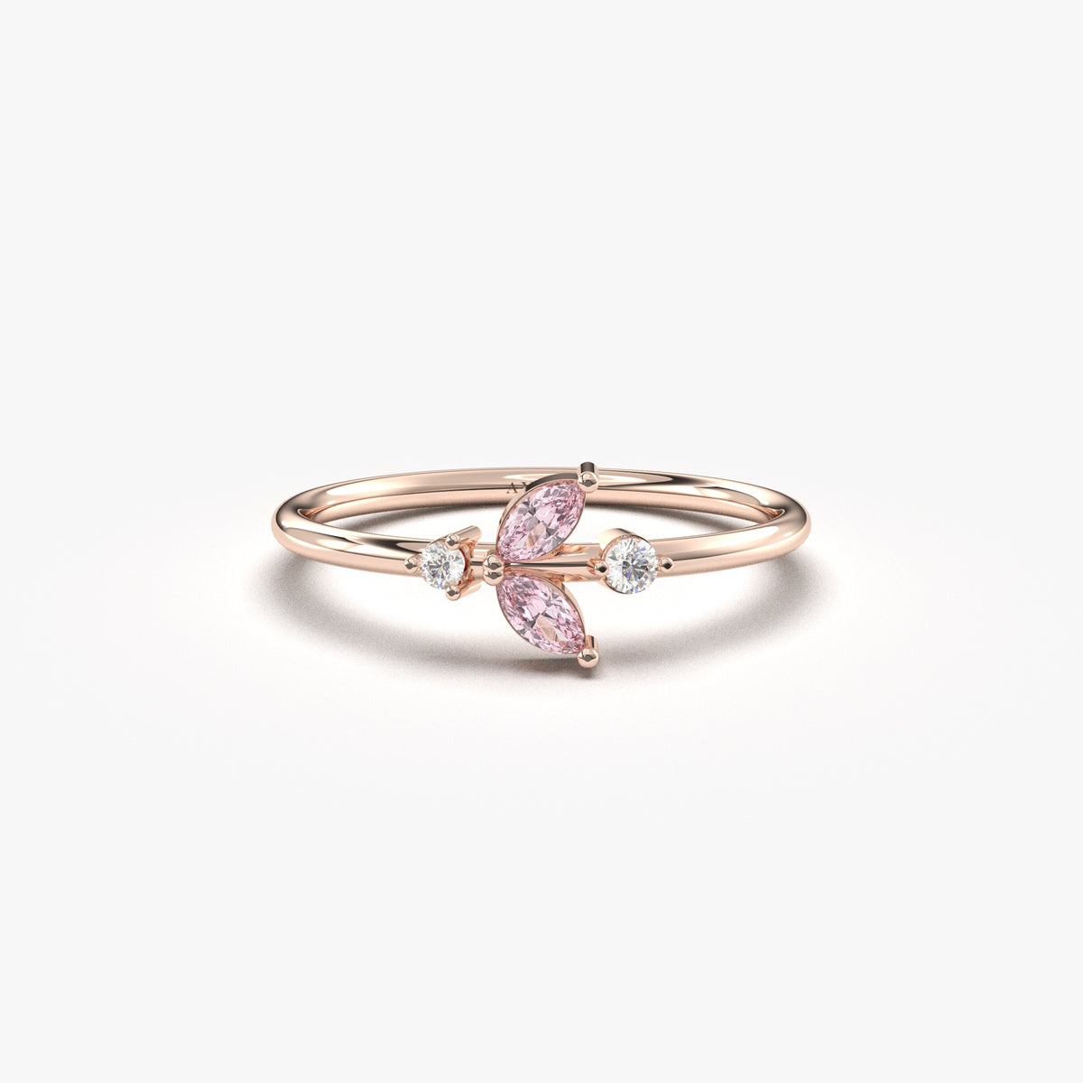 Rose gold pink-stone marquise leaf ring, front view