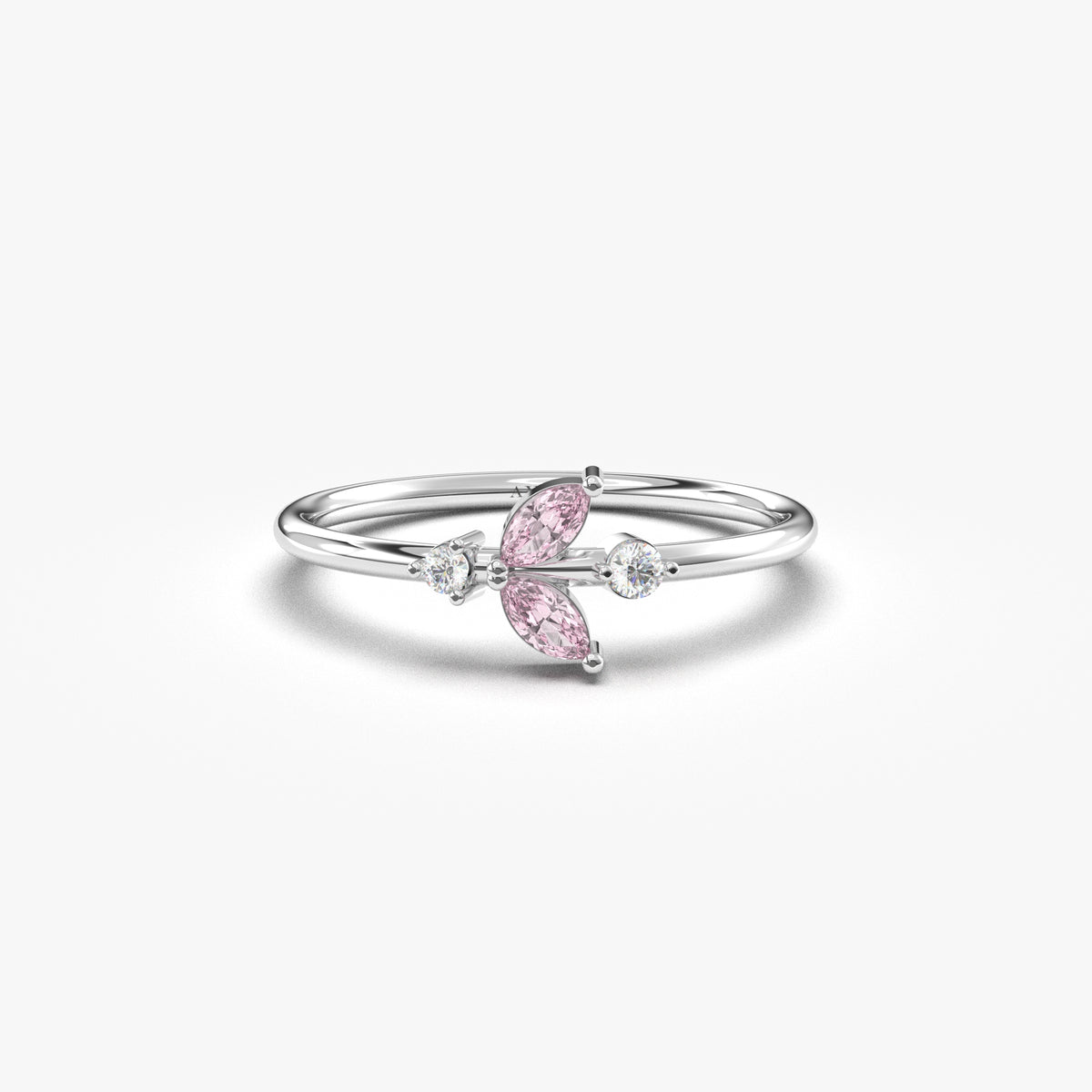 White gold pink-stone marquise leaf ring, front view