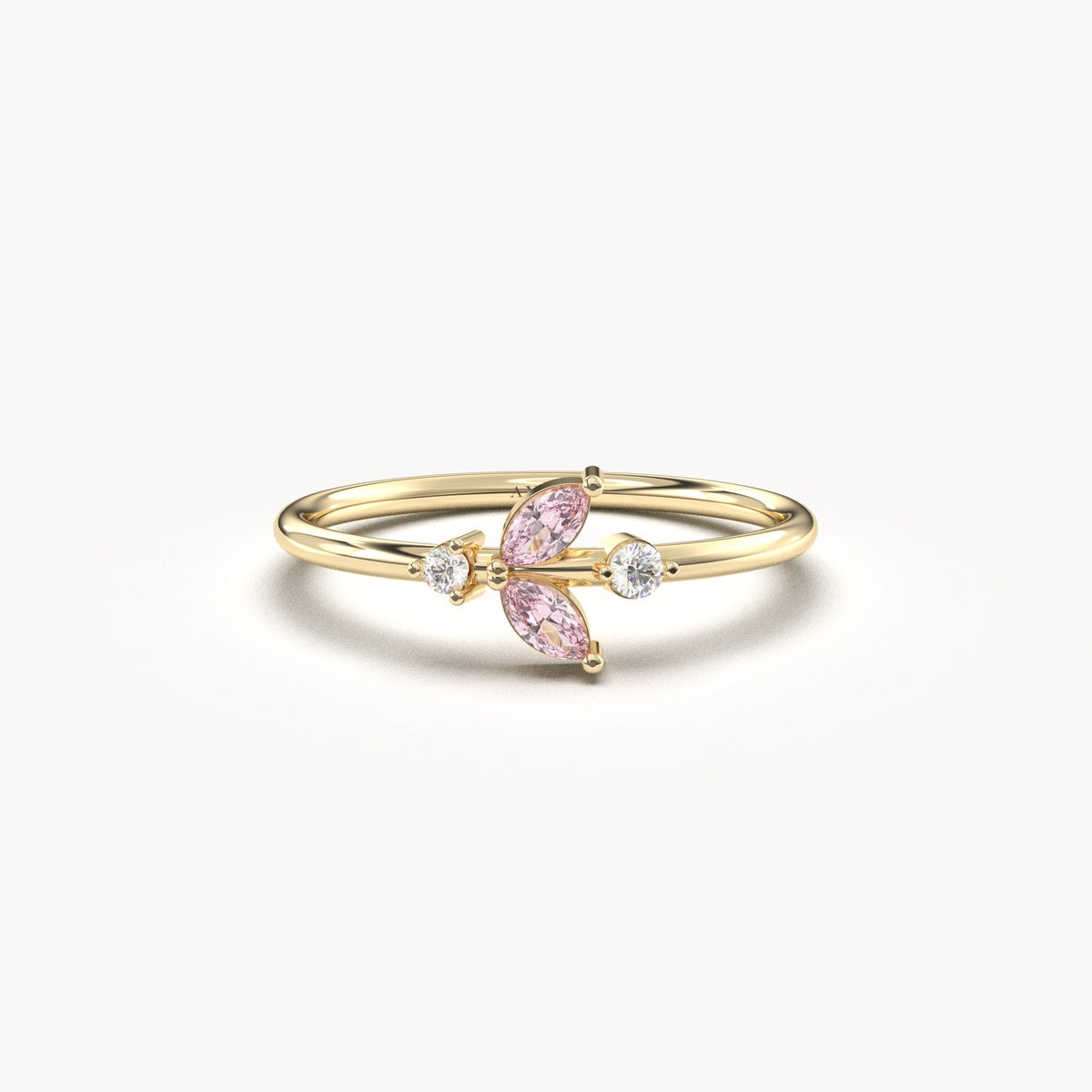 Yellow gold pink-stone marquise leaf ring, front view