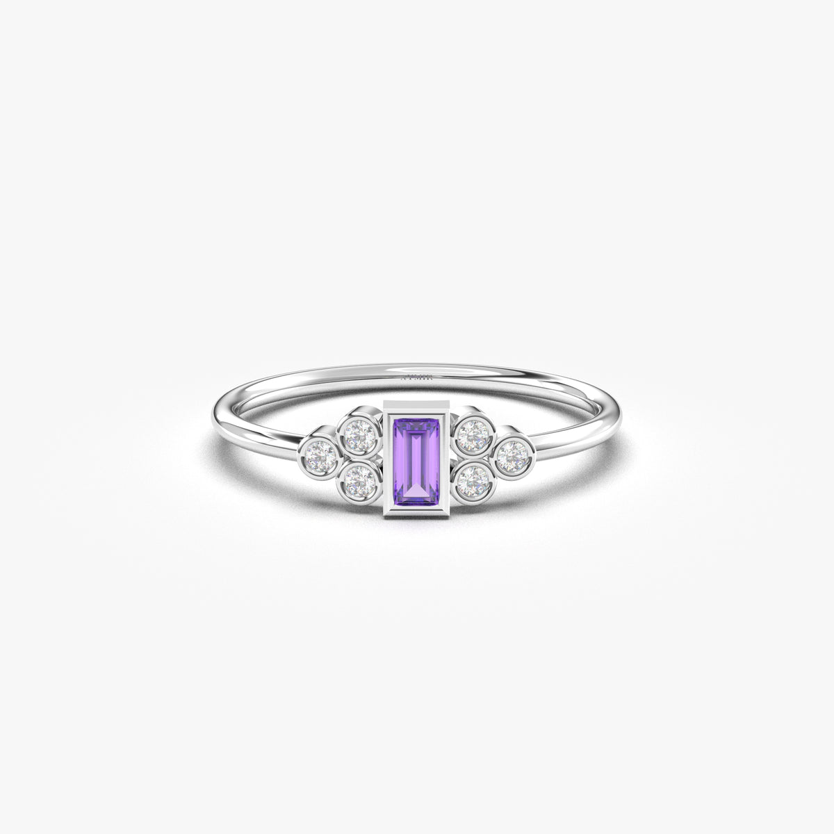 White gold purple-stone baguette ring, front view