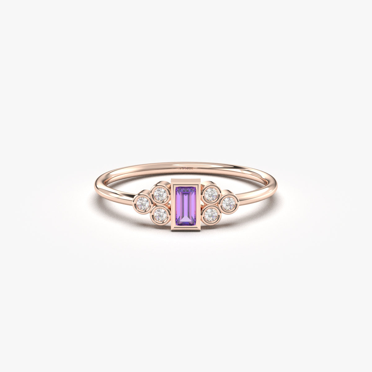Rose gold purple-stone baguette ring, front view