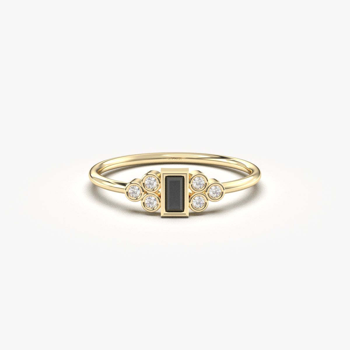Yellow gold black-stone baguette ring, front view