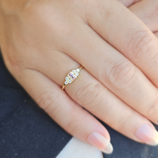 18K Gold Baguette Minimalist Pink and Cz Ring - 8S81PNK