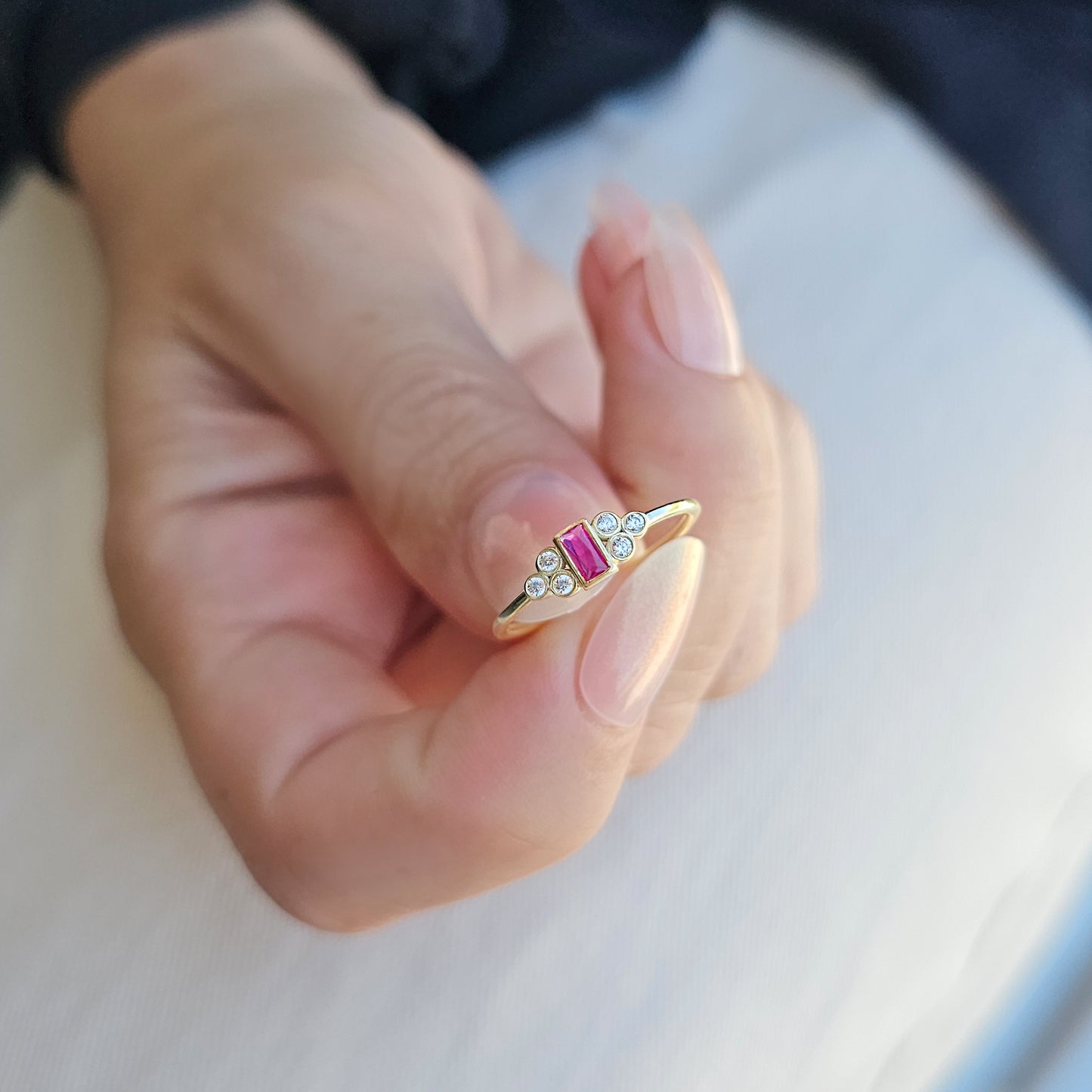14K Gold Dainty Baguette Ruby and Diamond Ring - 8S81RBY