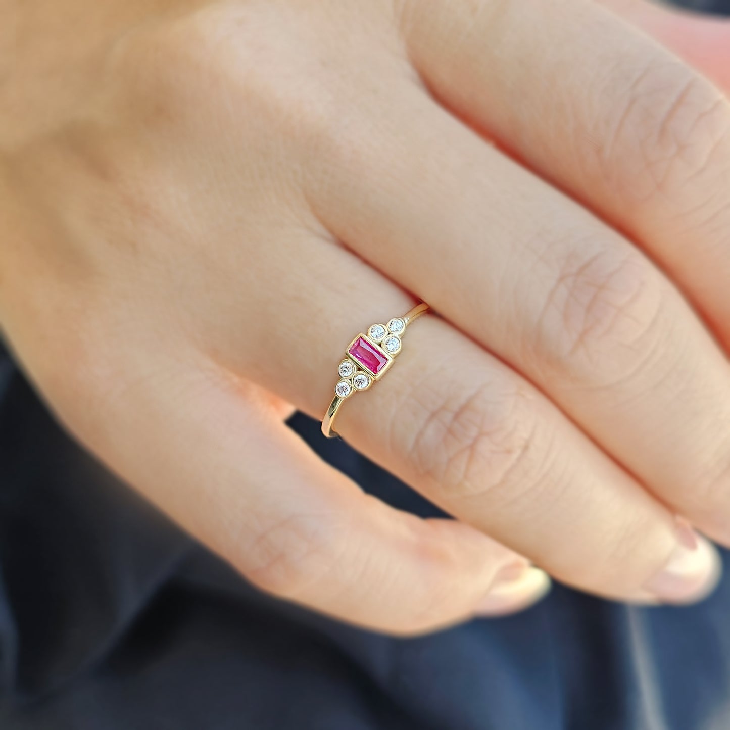 14K Gold Dainty Baguette Ruby and Diamond Ring - 8S81RBY