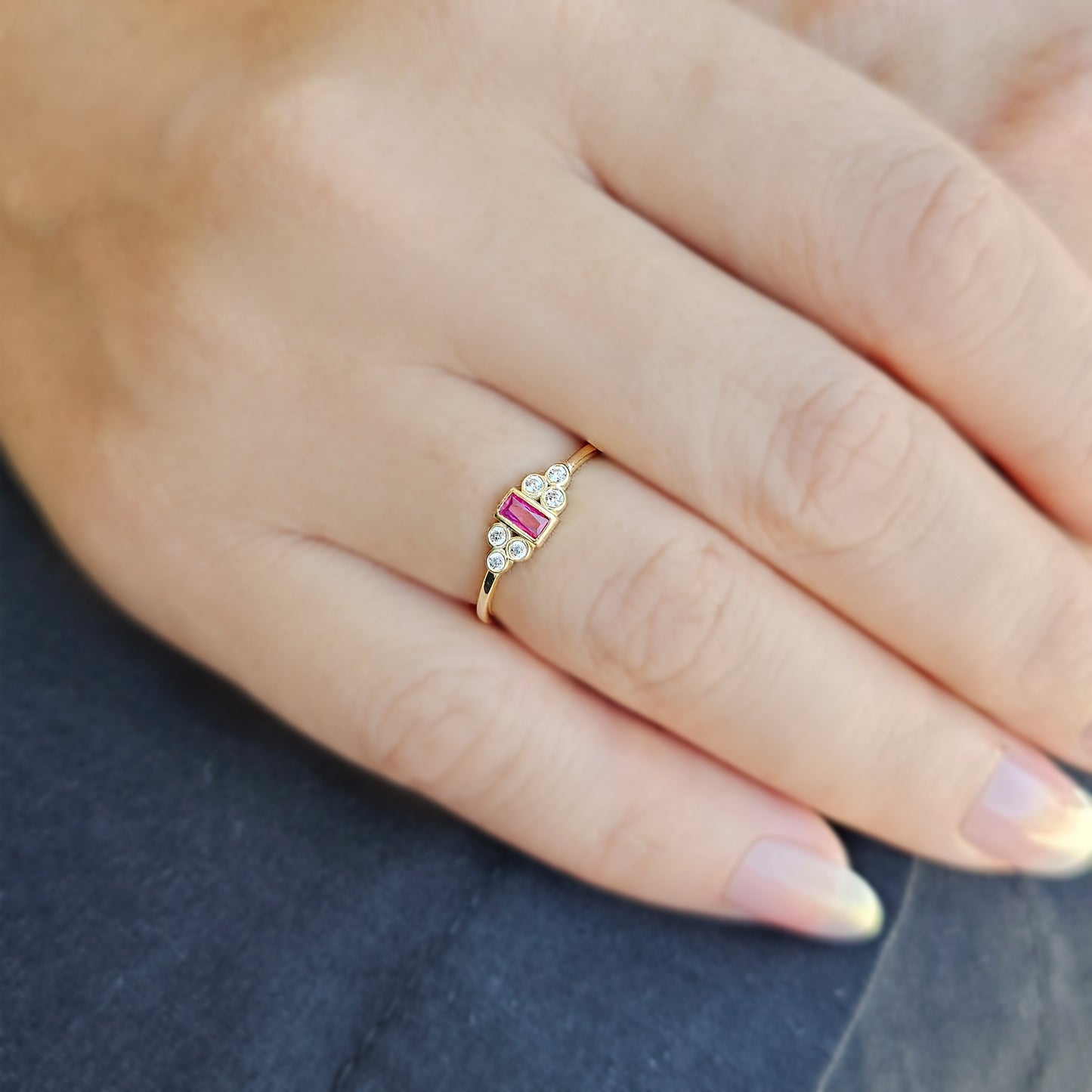 14K Gold Dainty Baguette Ruby and Diamond Ring - 8S81RBY
