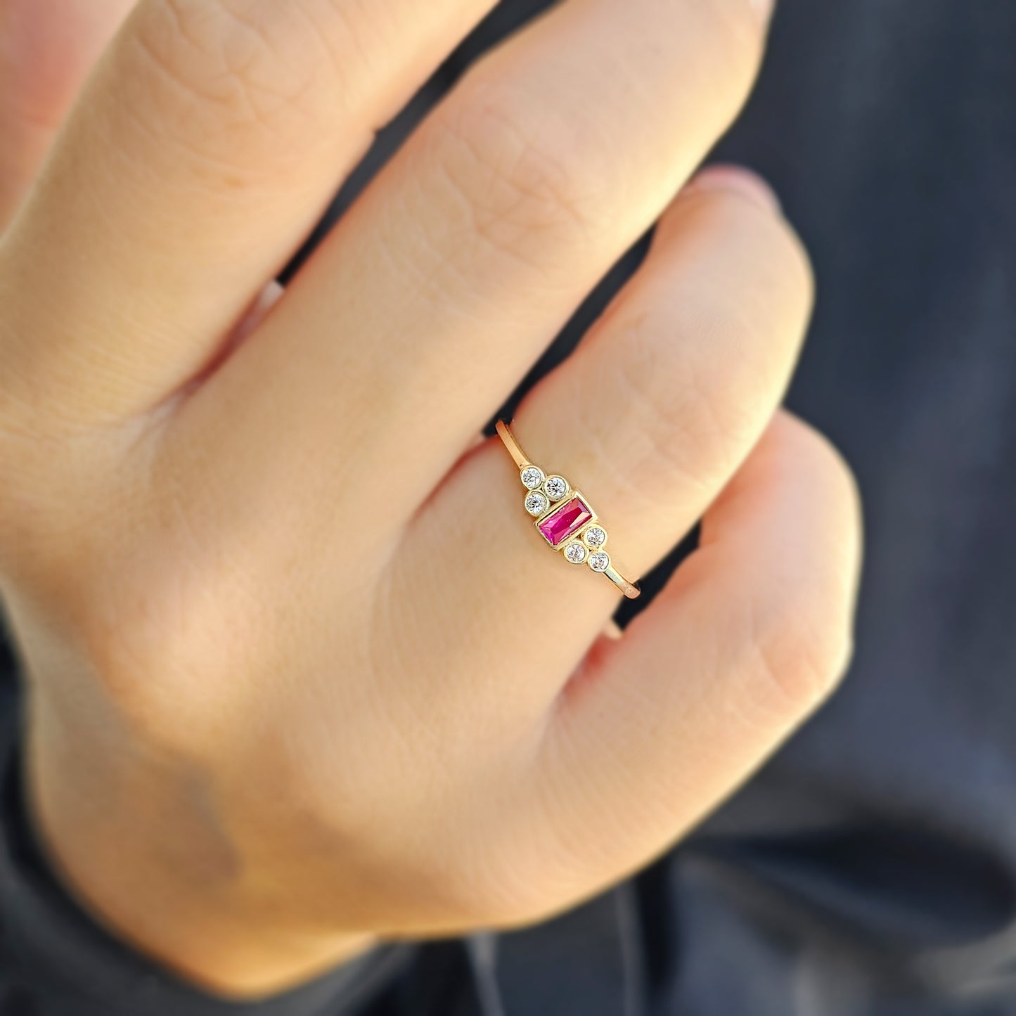 14K Gold Dainty Baguette Ruby and Diamond Ring - 8S81RBY