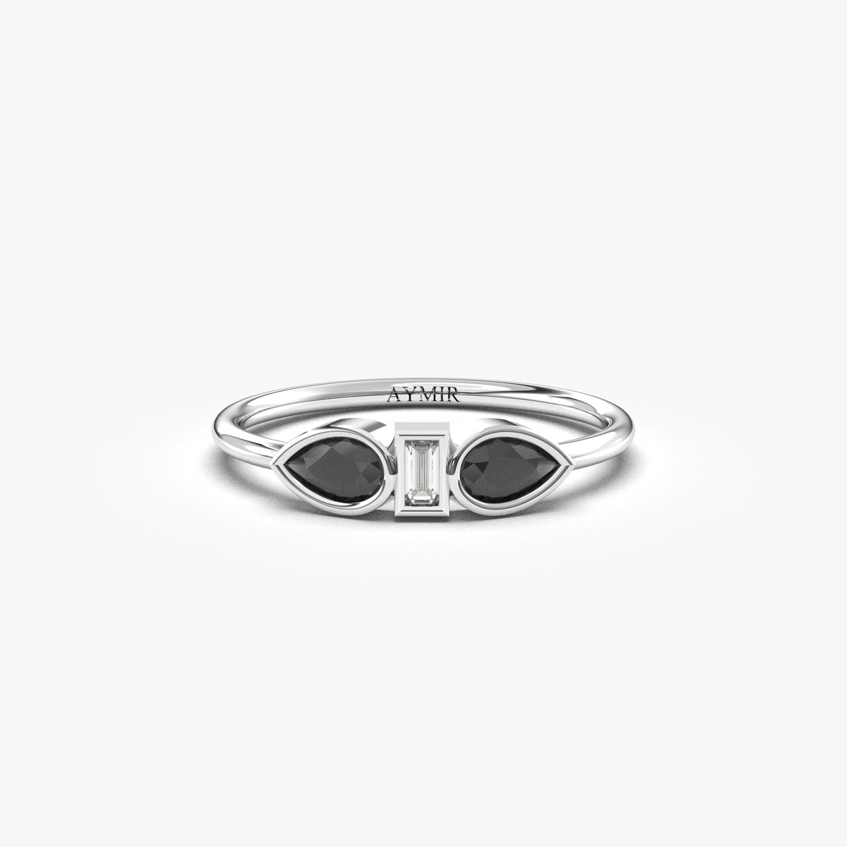 White gold black-stone double pear ring, front view