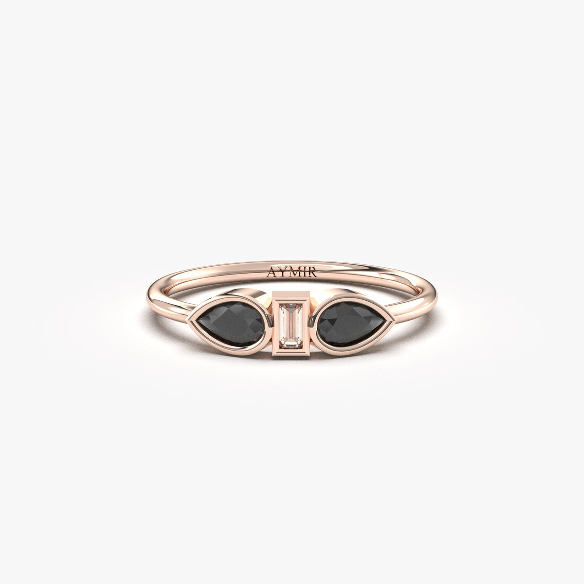 Rose gold black-stone double pear ring, front view