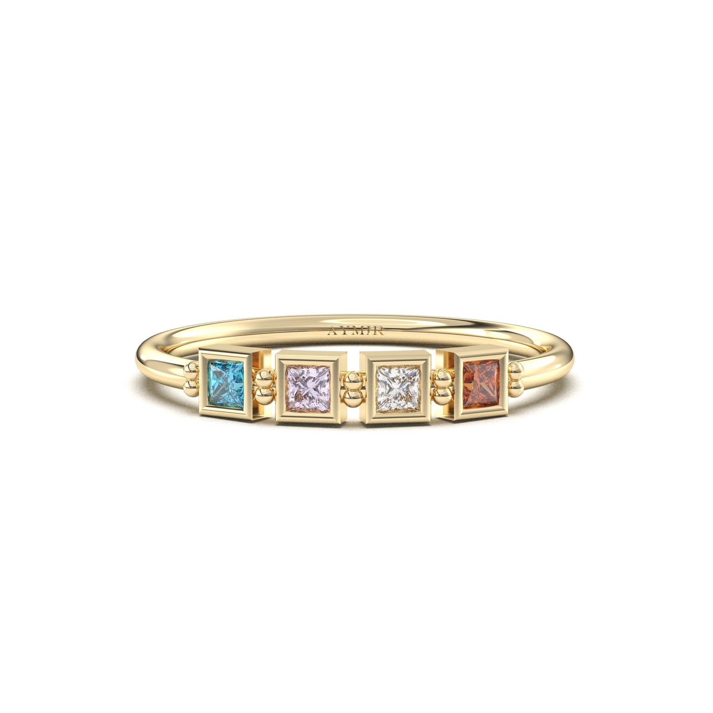 10K yellow gold 4 stone birthstone family ring with cubic zirconia, front view