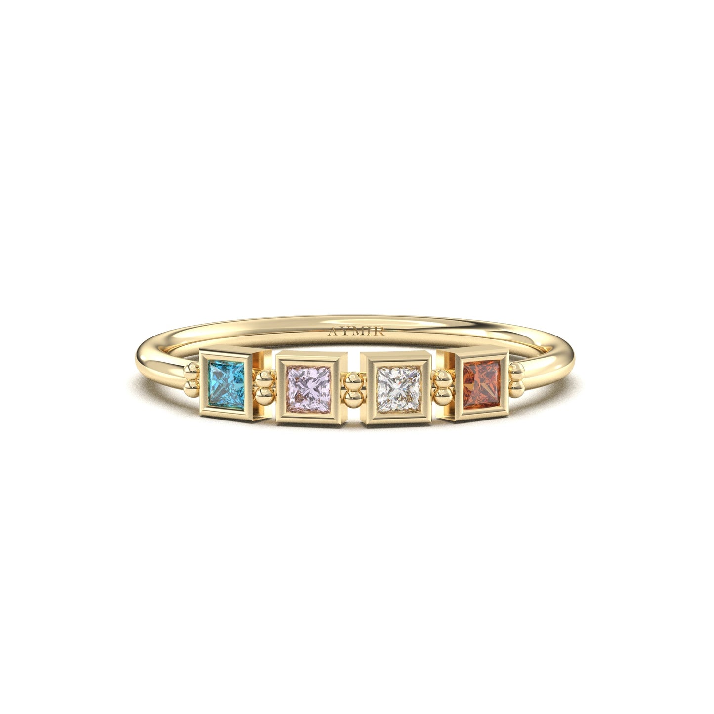 14K yellow gold 4 stone birthstone family ring with cubic zirconia, front view