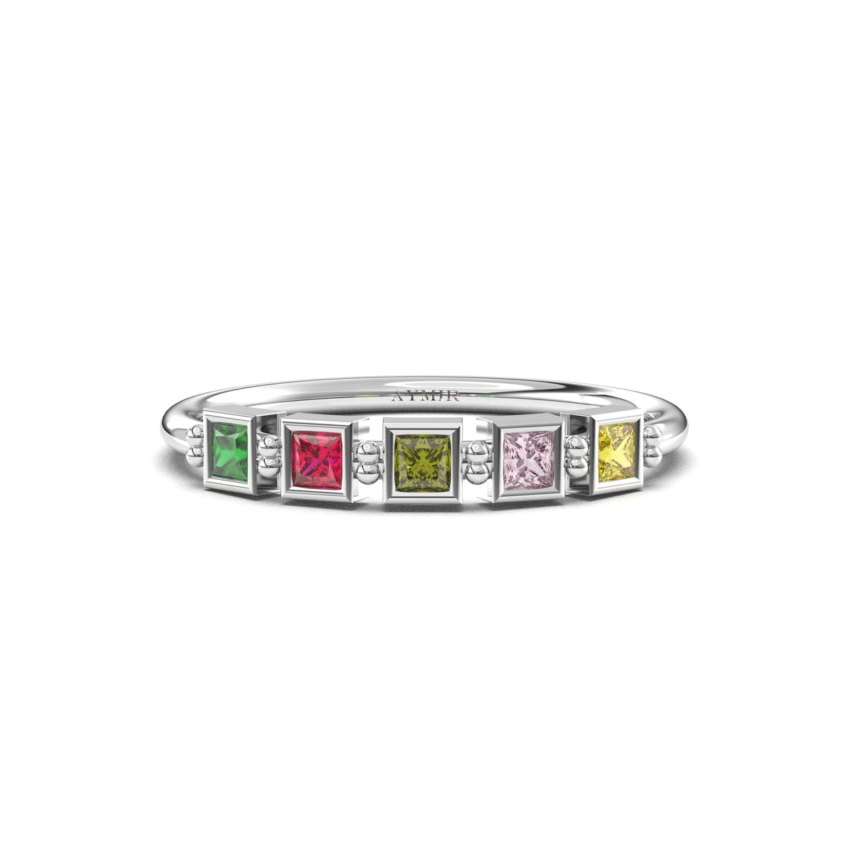18K white gold 5 stone birthstone family ring with cubic zirconia, front view