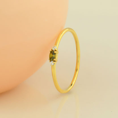 14K Gold Thin Oval Peridot and Diamond Ring - 2S84PER