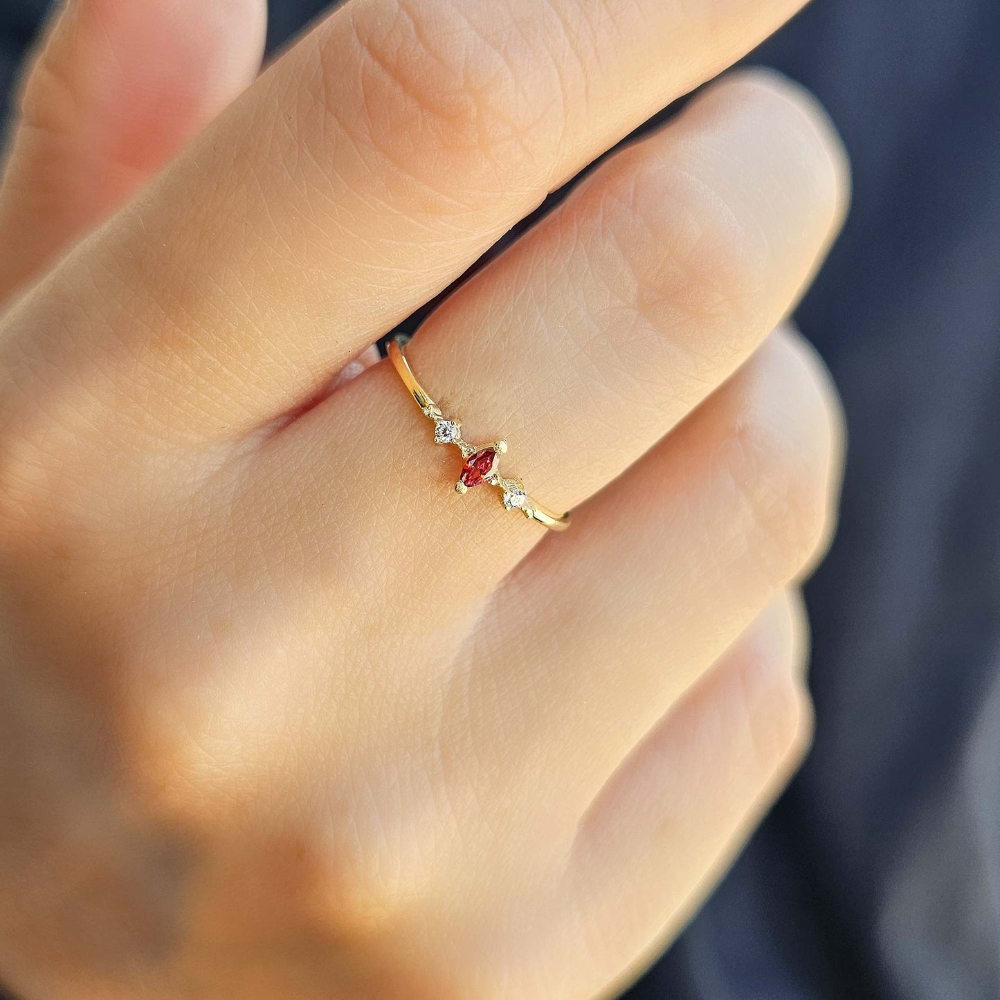 10K Gold Thin Marquise Garnet and Cz Ring - 2S111GAR