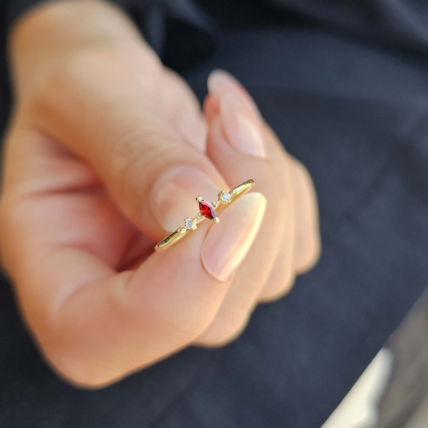 10K Gold Thin Marquise Garnet and Cz Ring - 2S111GAR