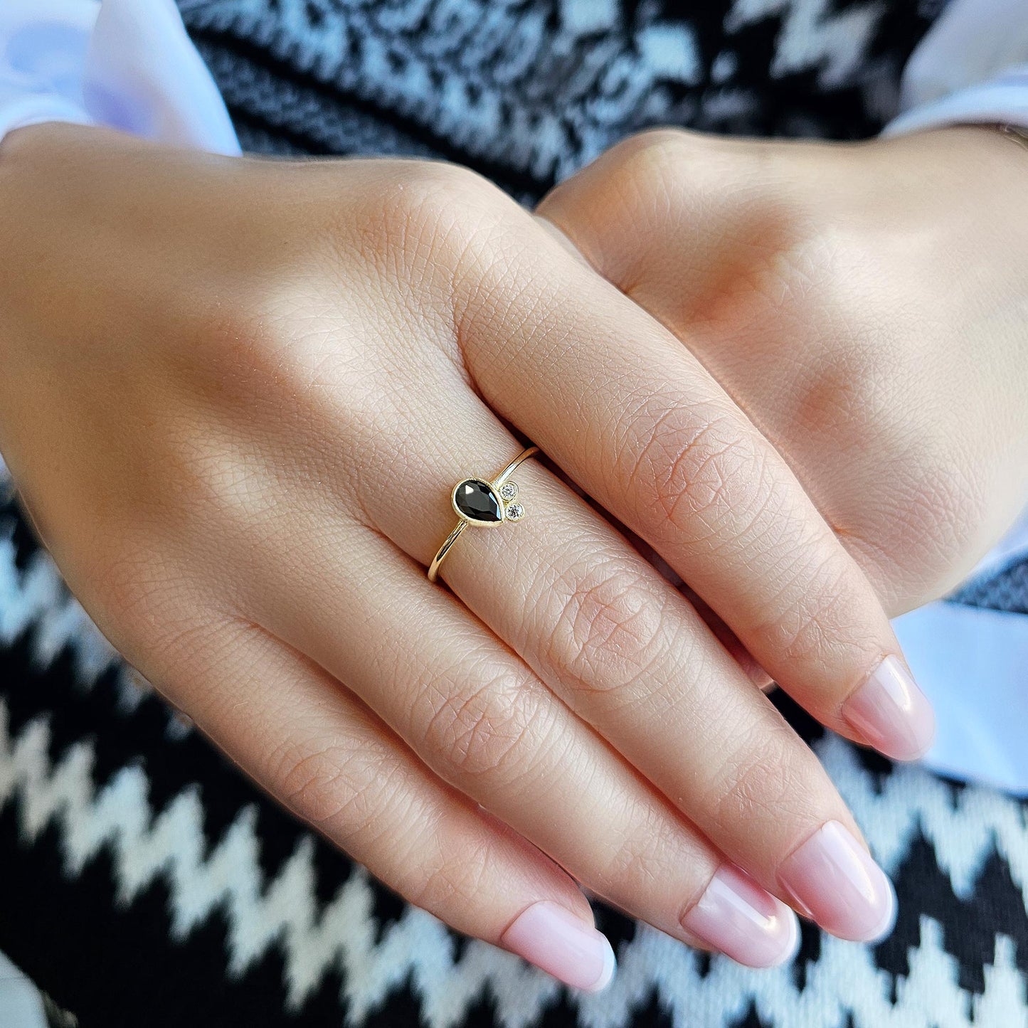10K Gold Dainty Black Onyx Pear and Diamond Ring - 8S114BLK