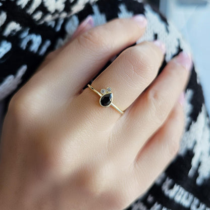 10K Gold Dainty Black Onyx Pear and Diamond Ring - 8S114BLK
