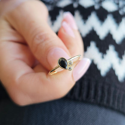 10K Gold Dainty Black Onyx Pear and Diamond Ring - 8S114BLK