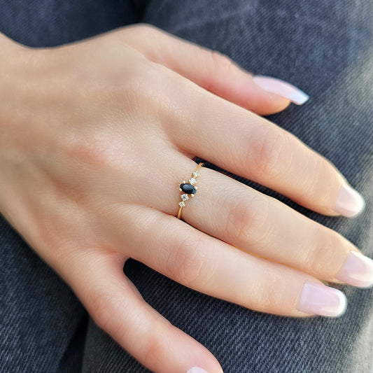 14K Gold Solitaire Oval Black Onyx and Diamond Ring - 2S121BLK